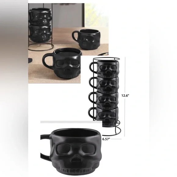 Black Skull-Shaped Ceramic Stacking Mug Set with Metal Rack. - Picture 3 of 5